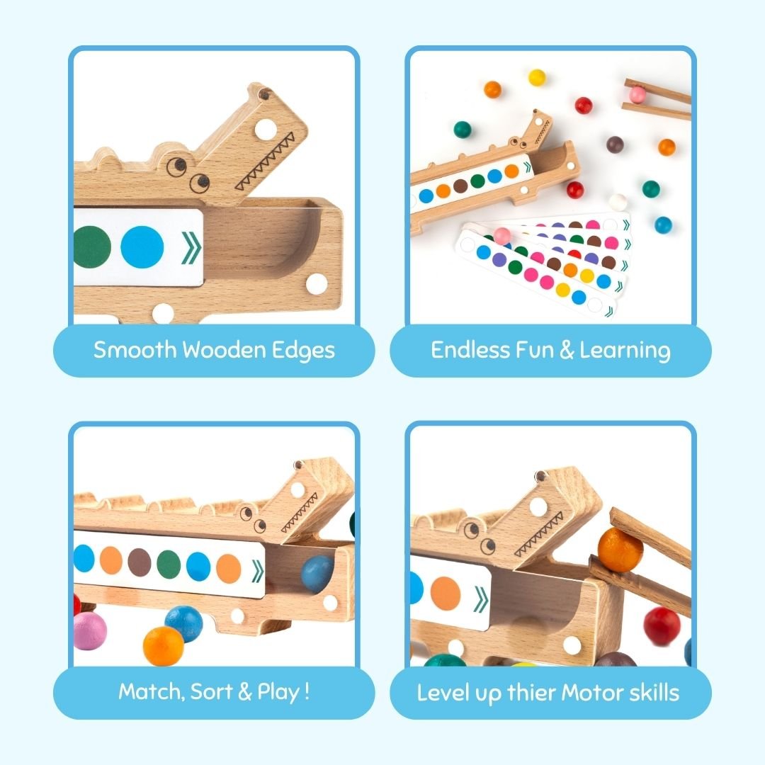 Cots and Cuddles Wooden Crocodile Snap N Sort Color Sorting Toy for Kids Age 3+ - CNCWoodenCrocodileColorSortingGame