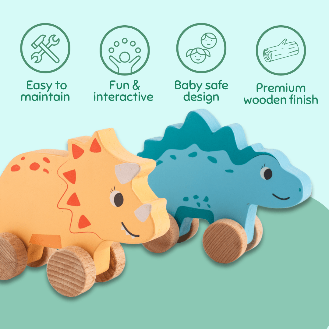 Cots and Cuddles Wooden Dino with Wheels Toy for Kids (Pack of 3) - CNCWoodenDinowithWheels
