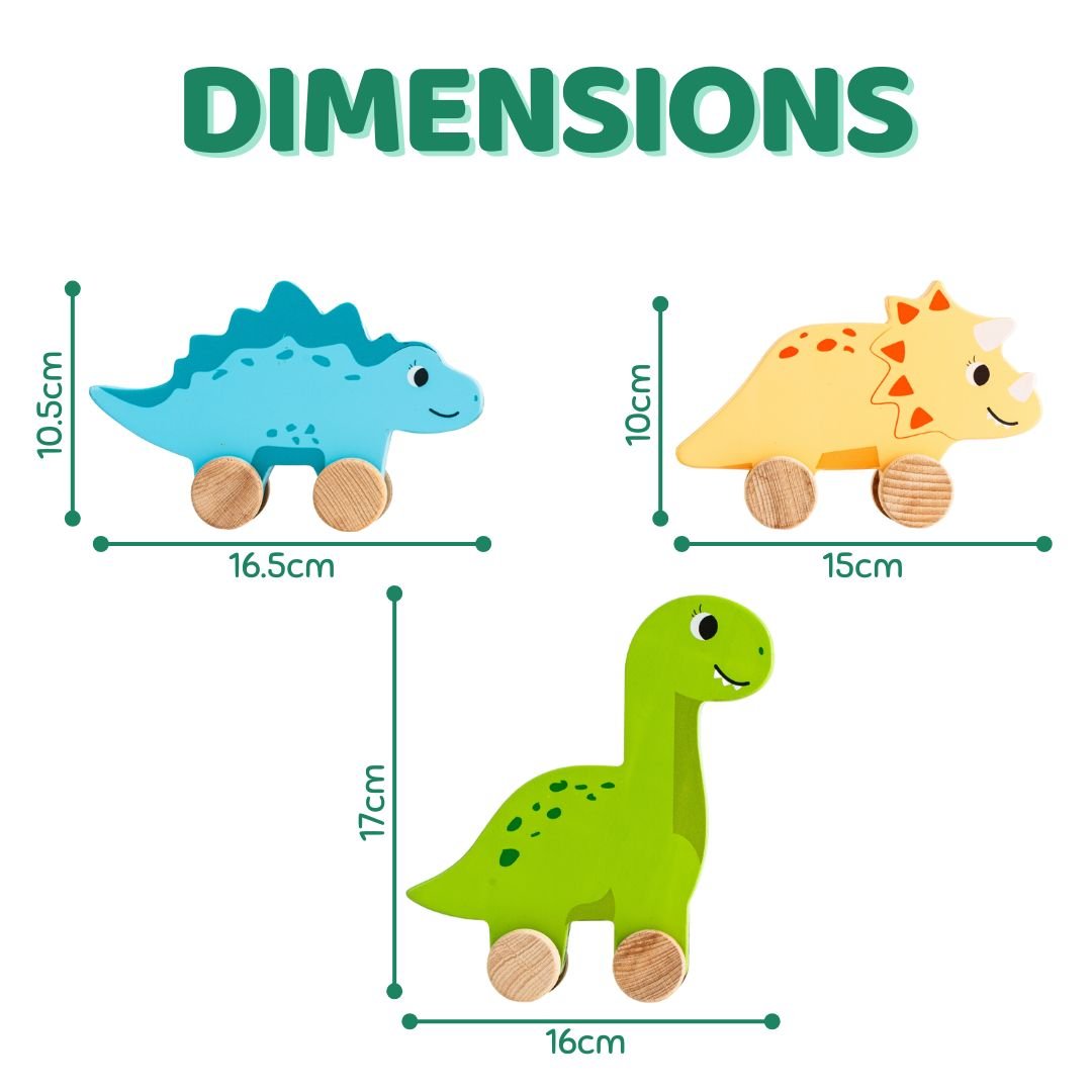Cots and Cuddles Wooden Dino with Wheels Toy for Kids (Pack of 3) - CNCWoodenDinowithWheels