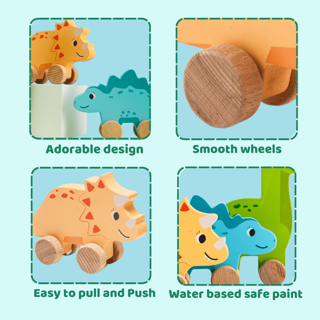 Cots and Cuddles Wooden Dino with Wheels Toy for Kids (Pack of 3) - CNCWoodenDinowithWheels
