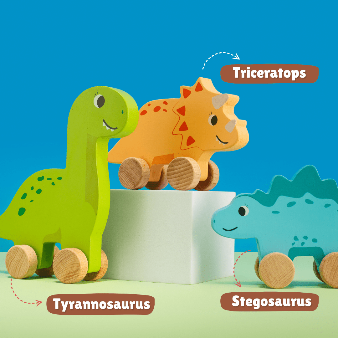 Cots and Cuddles Wooden Dino with Wheels Toy for Kids (Pack of 3) - CNCWoodenDinowithWheels