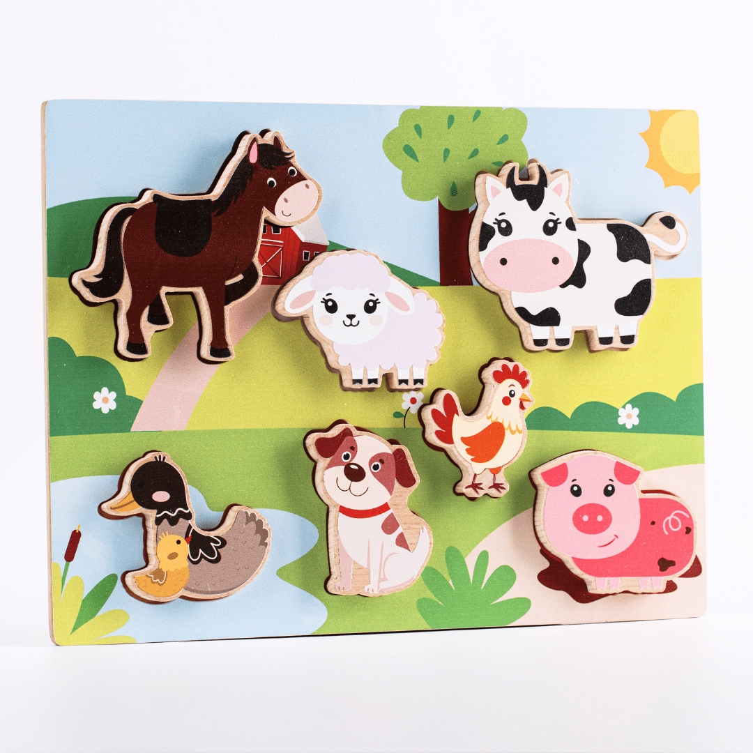 Cots and Cuddles Wooden Farm Animals Shapes Chunky Match Puzzle - CNC Wooden Chunky Puzzle Farm
