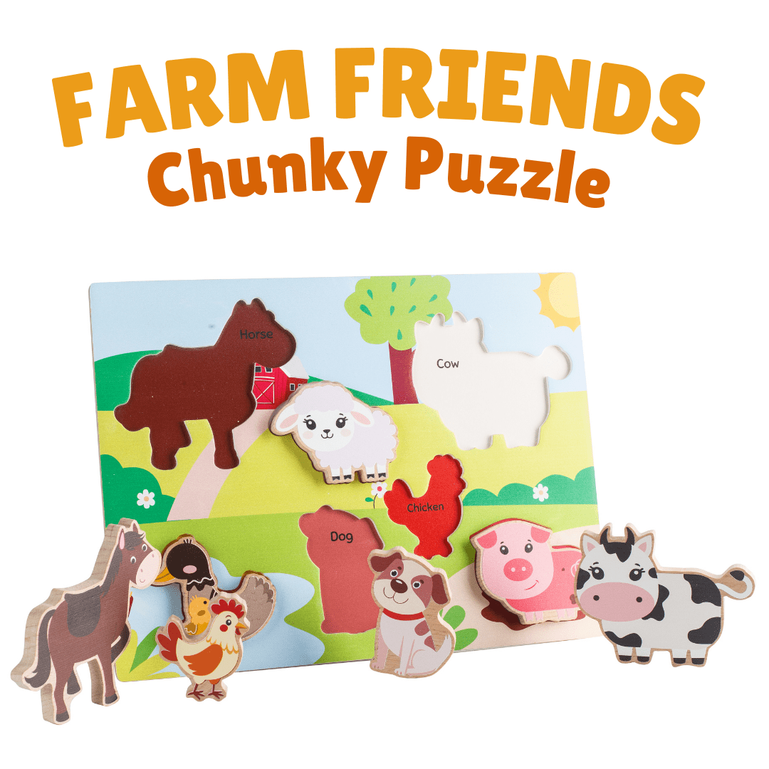 Cots and Cuddles Wooden Farm Animals Shapes Chunky Match Puzzle - CNC Wooden Chunky Puzzle Farm