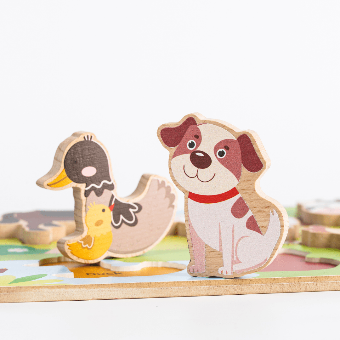Cots and Cuddles Wooden Farm Animals Shapes Chunky Match Puzzle - CNC Wooden Chunky Puzzle Farm