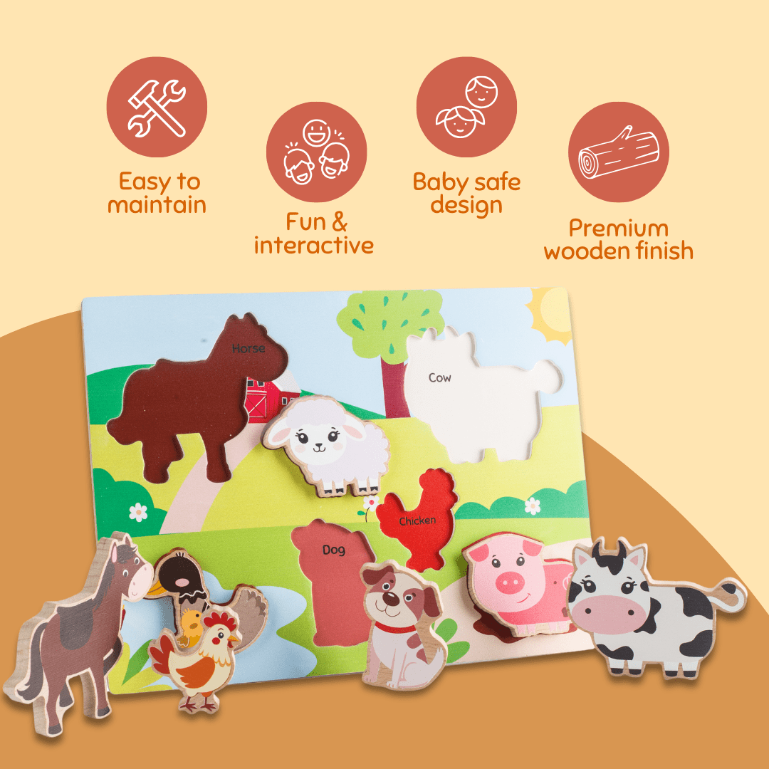 Cots and Cuddles Wooden Farm Animals Shapes Chunky Match Puzzle - CNC Wooden Chunky Puzzle Farm