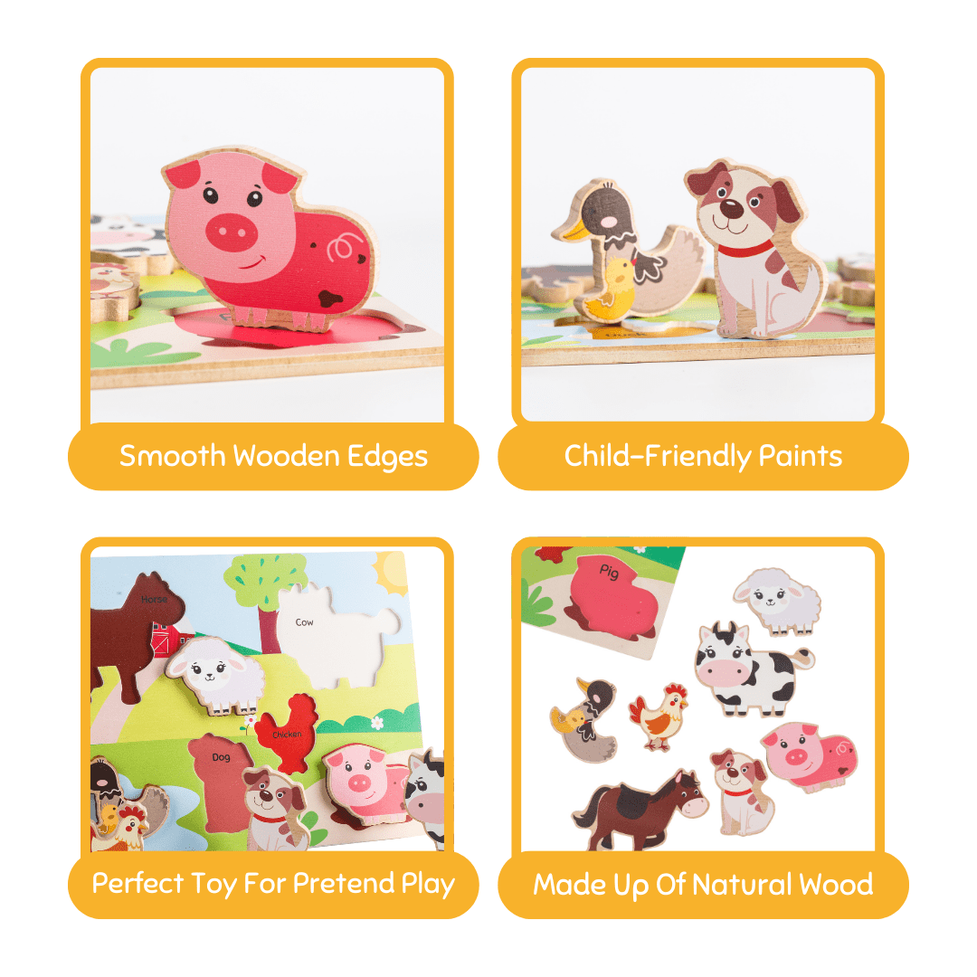 Cots and Cuddles Wooden Farm Animals Shapes Chunky Match Puzzle - CNC Wooden Chunky Puzzle Farm