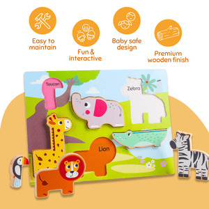 Cots and Cuddles Wooden Jungle Animal Shapes Chunky Match Puzzle - CNC Wooden Chunky Puzzle Farm