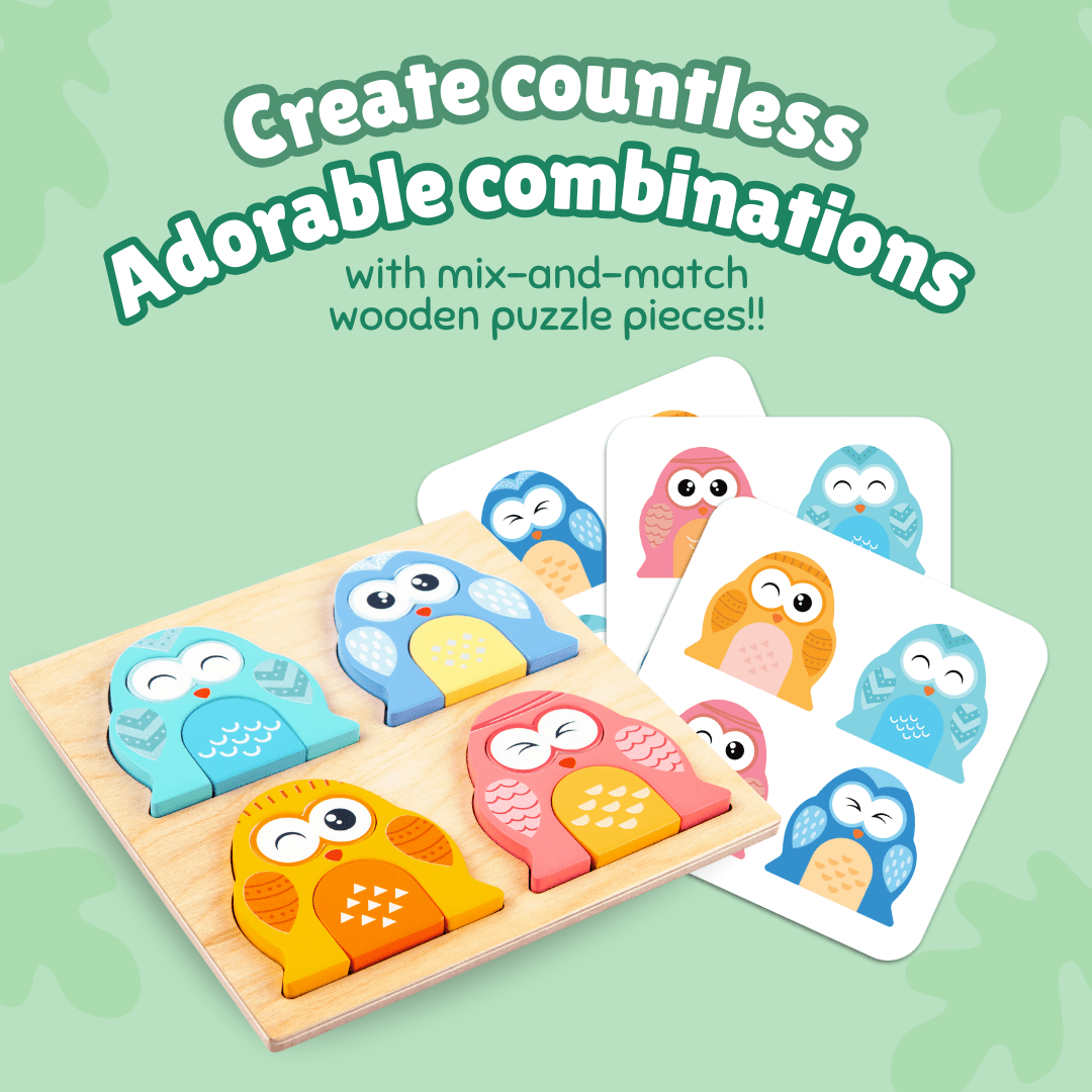 Cots and Cuddles Wooden Owl Face - Changing Puzzle with Match Cards - CNC Wooden Owl Face Puzzle