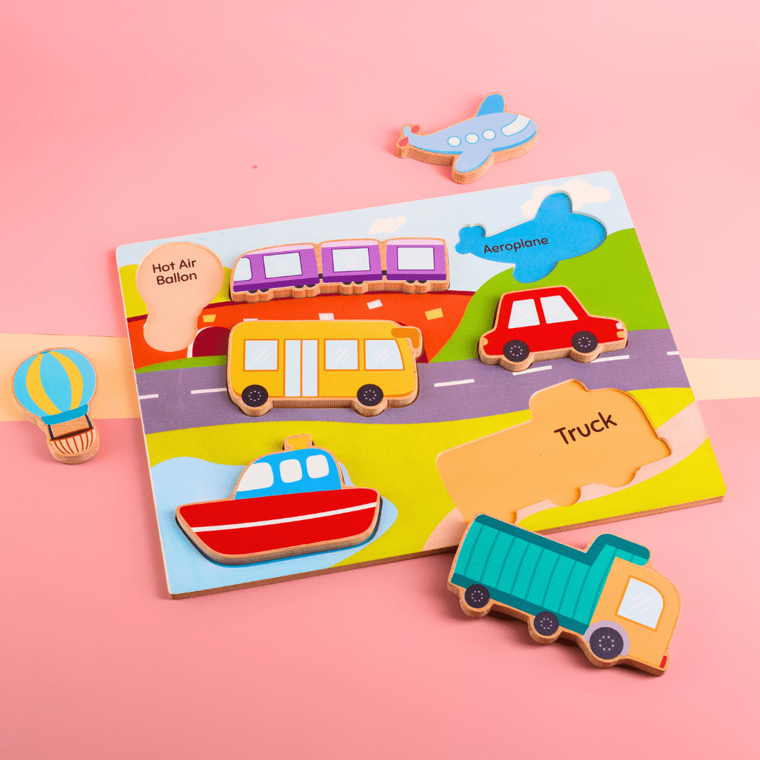 Cots and Cuddles Wooden Vehicle Shapes Chunky Match Puzzle - CNC Wooden Chunky Puzzle Vehicle