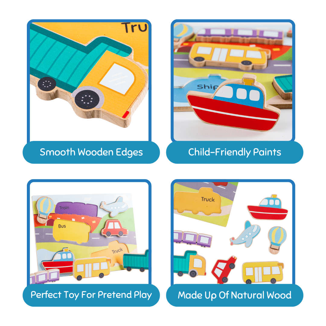 Cots and Cuddles Wooden Vehicle Shapes Chunky Match Puzzle - CNC Wooden Chunky Puzzle Vehicle
