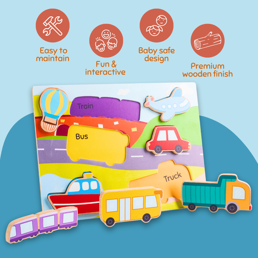 Cots and Cuddles Wooden Vehicle Shapes Chunky Match Puzzle - CNC Wooden Chunky Puzzle Vehicle