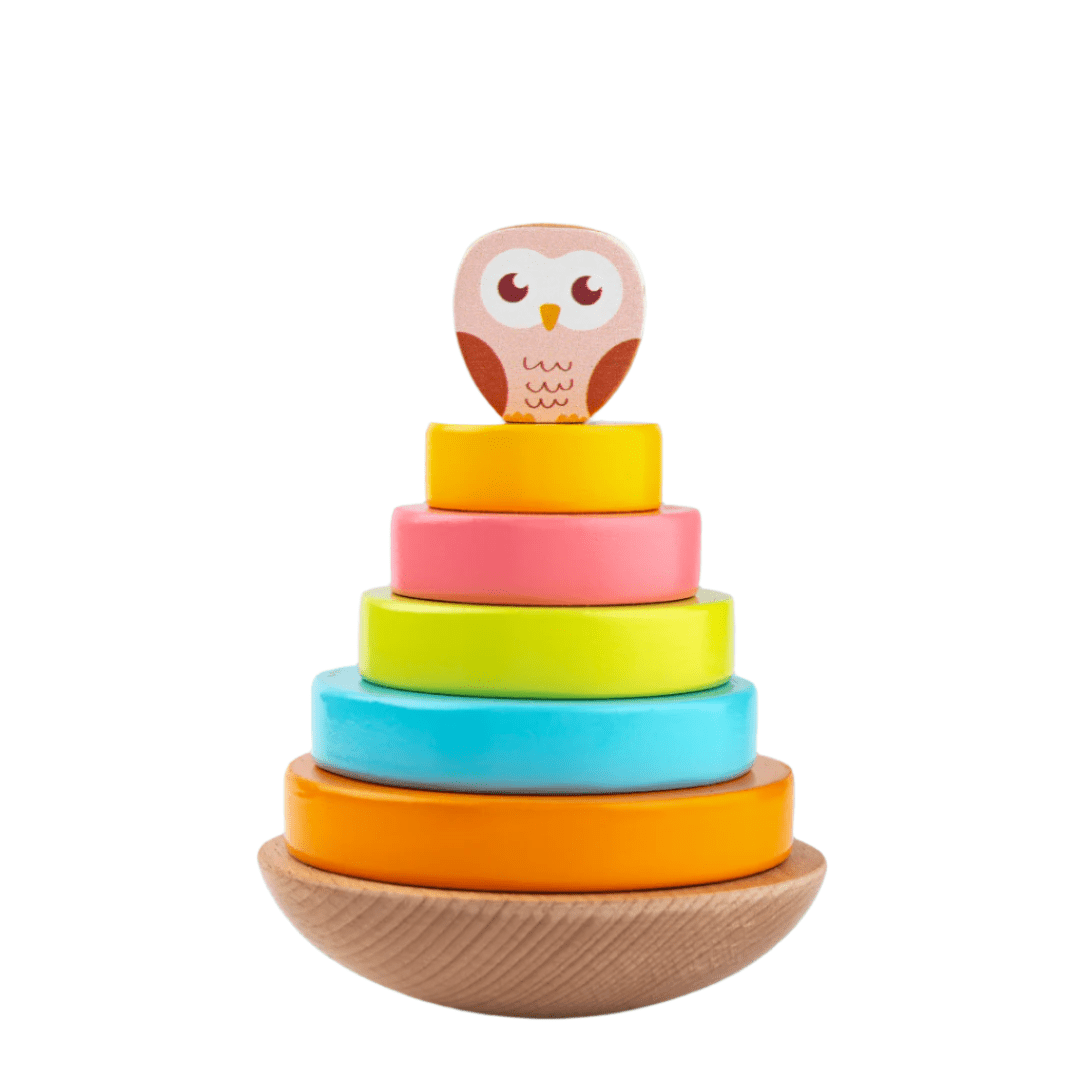 Cots and Cuddles Wooden Wobbling Owl Tower with Ring Stacking Toy for Kids - CNCWoodenOwlStacker
