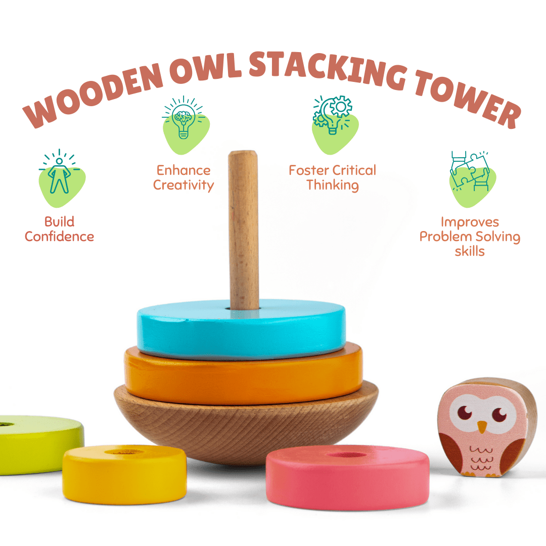 Cots and Cuddles Wooden Wobbling Owl Tower with Ring Stacking Toy for Kids - CNCWoodenOwlStacker