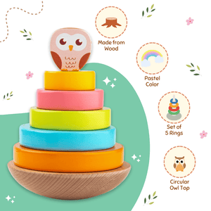Cots and Cuddles Wooden Wobbling Owl Tower with Ring Stacking Toy for Kids - CNCWoodenOwlStacker