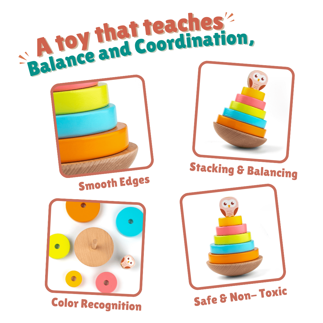 Cots and Cuddles Wooden Wobbling Owl Tower with Ring Stacking Toy for Kids - CNCWoodenOwlStacker