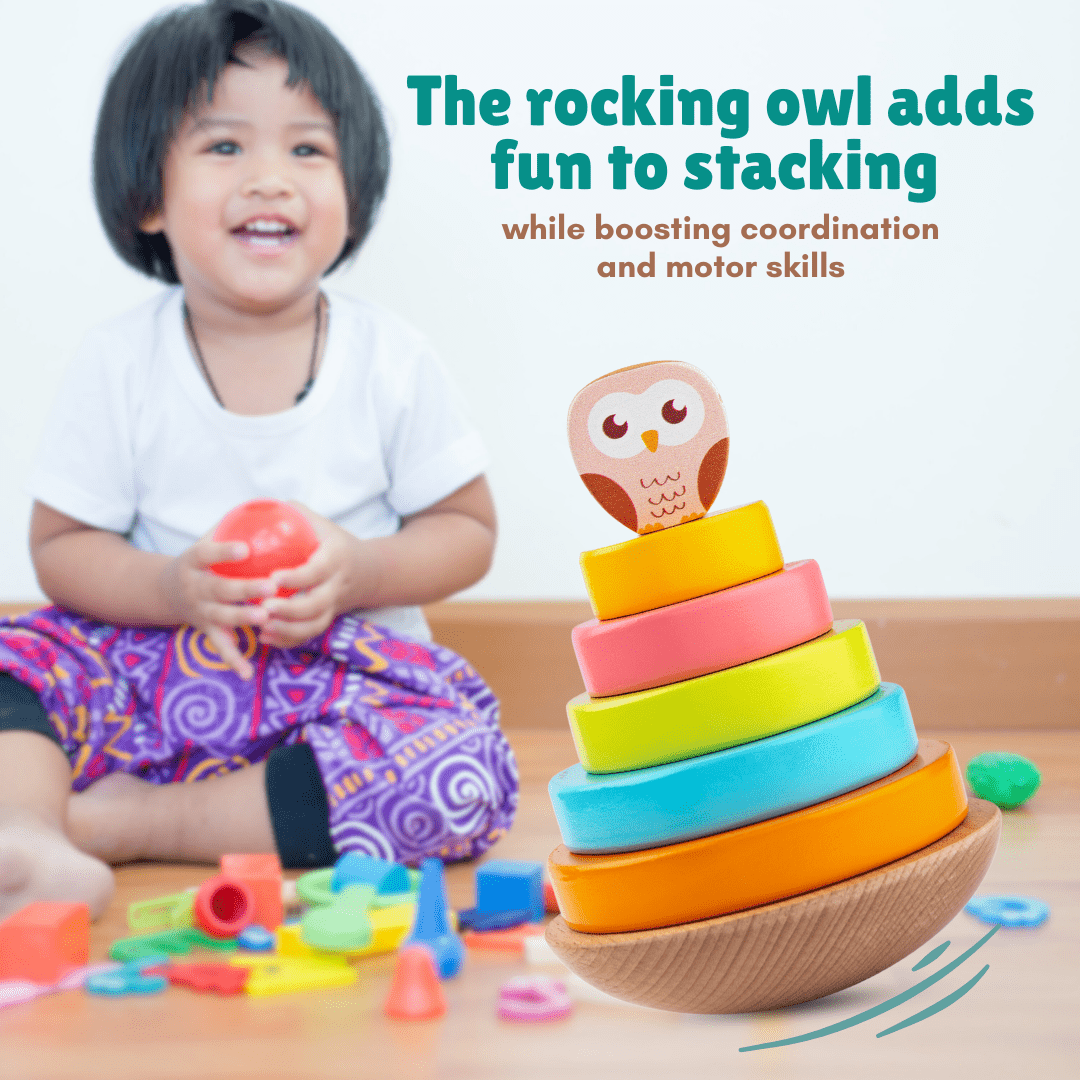 Cots and Cuddles Wooden Wobbling Owl Tower with Ring Stacking Toy for Kids - CNCWoodenOwlStacker