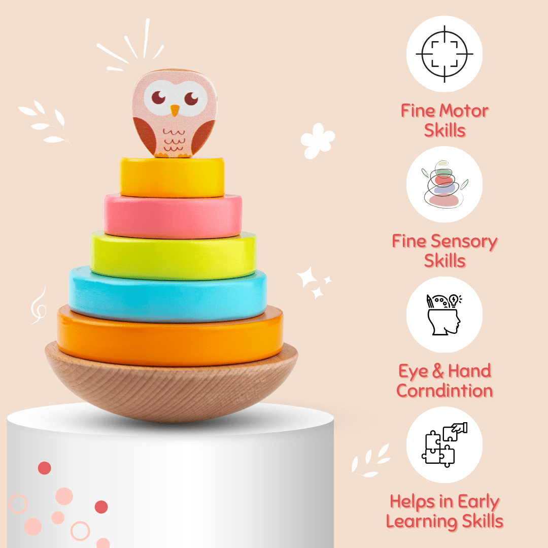 Cots and Cuddles Wooden Wobbling Owl Tower with Ring Stacking Toy for Kids - CNCWoodenOwlStacker