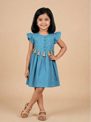 Cotton Sky Embroidered Dress - Blue Kids Casual Wear