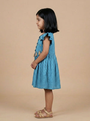 Cotton Sky Embroidered Dress - Blue Kids Casual Wear