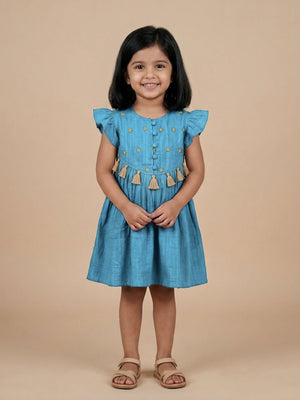 Cotton Sky Embroidered Dress - Blue Kids Casual Wear