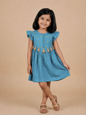 Cotton Sky Embroidered Dress - Blue Kids Casual Wear