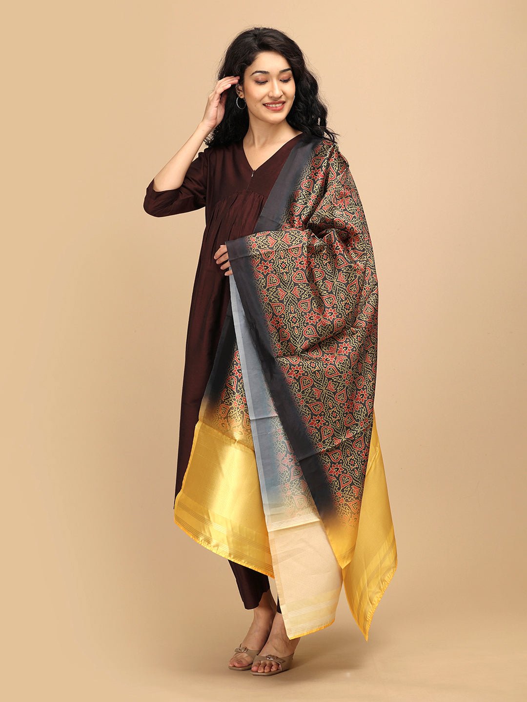 Front wrap pose of The Mom Store Cozy Café maternity silk kurta set with rich printed dupatta.
