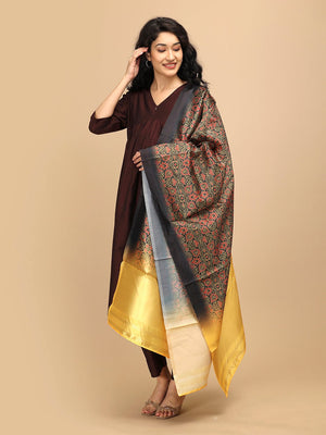 Front wrap pose of The Mom Store Cozy Caf√© maternity silk kurta set with rich printed dupatta.