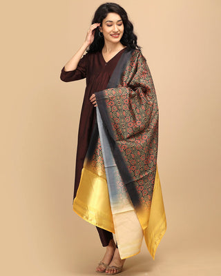 Front wrap pose of The Mom Store Cozy Café maternity silk kurta set with rich printed dupatta.