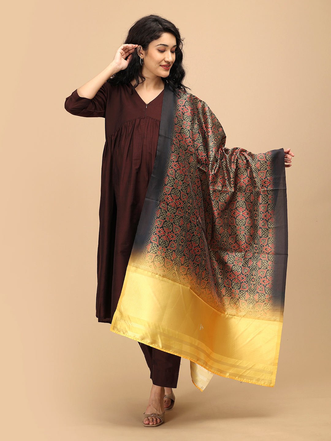 Side pose of The Mom Store Cozy Café maternity and nursing silk kurta set with patterned dupatta.