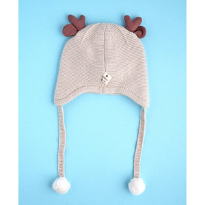 Cream Baby Antler Knitted soft Woolen Winter Cap with tie up, 6 - 18 months - 6 - 18 Months Winter Wear