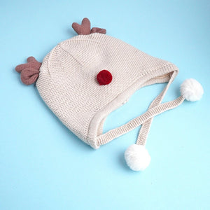 Cream Baby Antler Knitted soft Woolen Winter Cap with tie up, 6 - 18 months - 6 - 18 Months Winter Wear
