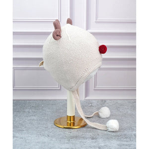 Cream Baby Antler Knitted soft Woolen Winter Cap with tie up, 6 - 18 months - 6 - 18 Months Winter Wear