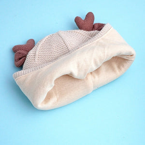 Cream Baby Antler Knitted soft Woolen Winter Cap with tie up, 6 - 18 months - 6 - 18 Months Winter Wear