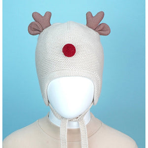 Cream Baby Antler Knitted soft Woolen Winter Cap with tie up, 6 - 18 months - 6 - 18 Months Winter Wear