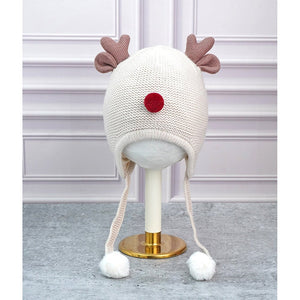 Cream Baby Antler Knitted soft Woolen Winter Cap with tie up, 6 - 18 months - 6 - 18 Months Winter Wear