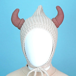 Cream Baby Horns Knitted soft Woolen Winter Cap with tie up, 6 - 18 months - 6 - 18 Months Winter Wear