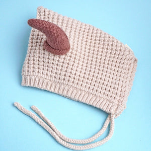Cream Baby Horns Knitted soft Woolen Winter Cap with tie up, 6 - 18 months - 6 - 18 Months Winter Wear