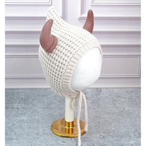 Cream Baby Horns Knitted soft Woolen Winter Cap with tie up, 6 - 18 months - 6 - 18 Months Winter Wear