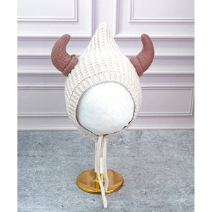 Cream Baby Horns Knitted soft Woolen Winter Cap with tie up, 6 - 18 months - 6 - 18 Months Winter Wear