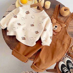 Cream Baseball Bear Dungaree with tshirt, 2 Pcs Clothing Set For Toddlers And Kids - 1 - 2 Years Kids Clothing
