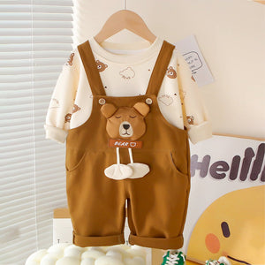 Cream Baseball Bear Dungaree with tshirt, 2 Pcs Clothing Set For Toddlers And Kids - 1 - 2 Years Kids Clothing