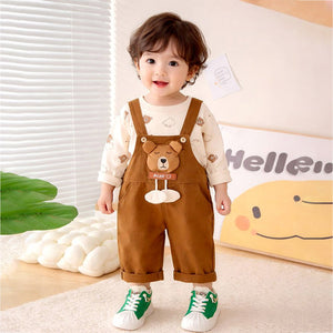 Cream Baseball Bear Dungaree with tshirt, 2 Pcs Clothing Set For Toddlers And Kids - 1 - 2 Years Kids Clothing