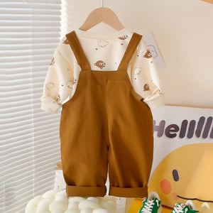 Cream Baseball Bear Dungaree with tshirt, 2 Pcs Clothing Set For Toddlers And Kids - 1 - 2 Years Kids Clothing