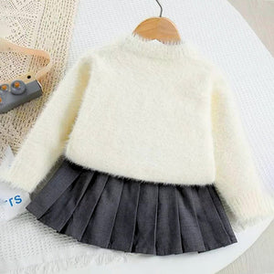 Cream Big Bunny Faux - fur Sweatshirt & Skirt, Winterwear 2Pcs set for Girls - 2 - 3 Years Kids Clothing
