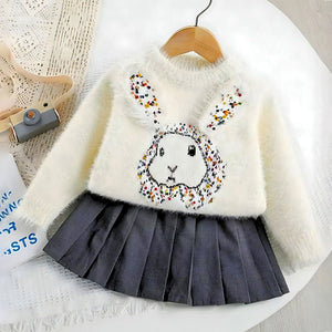 Cream Big Bunny Faux - fur Sweatshirt & Skirt, Winterwear 2Pcs set for Girls - 2 - 3 Years Kids Clothing