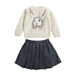 Cream Big Bunny Faux - fur Sweatshirt & Skirt, Winterwear 2Pcs set for Girls - 2 - 3 Years Kids Clothing