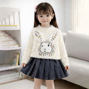 Cream Big Bunny Faux - fur Sweatshirt & Skirt, Winterwear 2Pcs set for Girls - 2 - 3 Years Kids Clothing