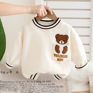 Cream & Black Pocket Bear fleece winter Tracksuit Set for Kids - 1 - 2 Years Kids Clothing