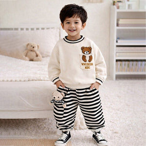 Cream & Black Pocket Bear fleece winter Tracksuit Set for Kids - 1 - 2 Years Kids Clothing