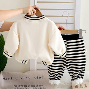 Cream & Black Pocket Bear fleece winter Tracksuit Set for Kids - 1 - 2 Years Kids Clothing